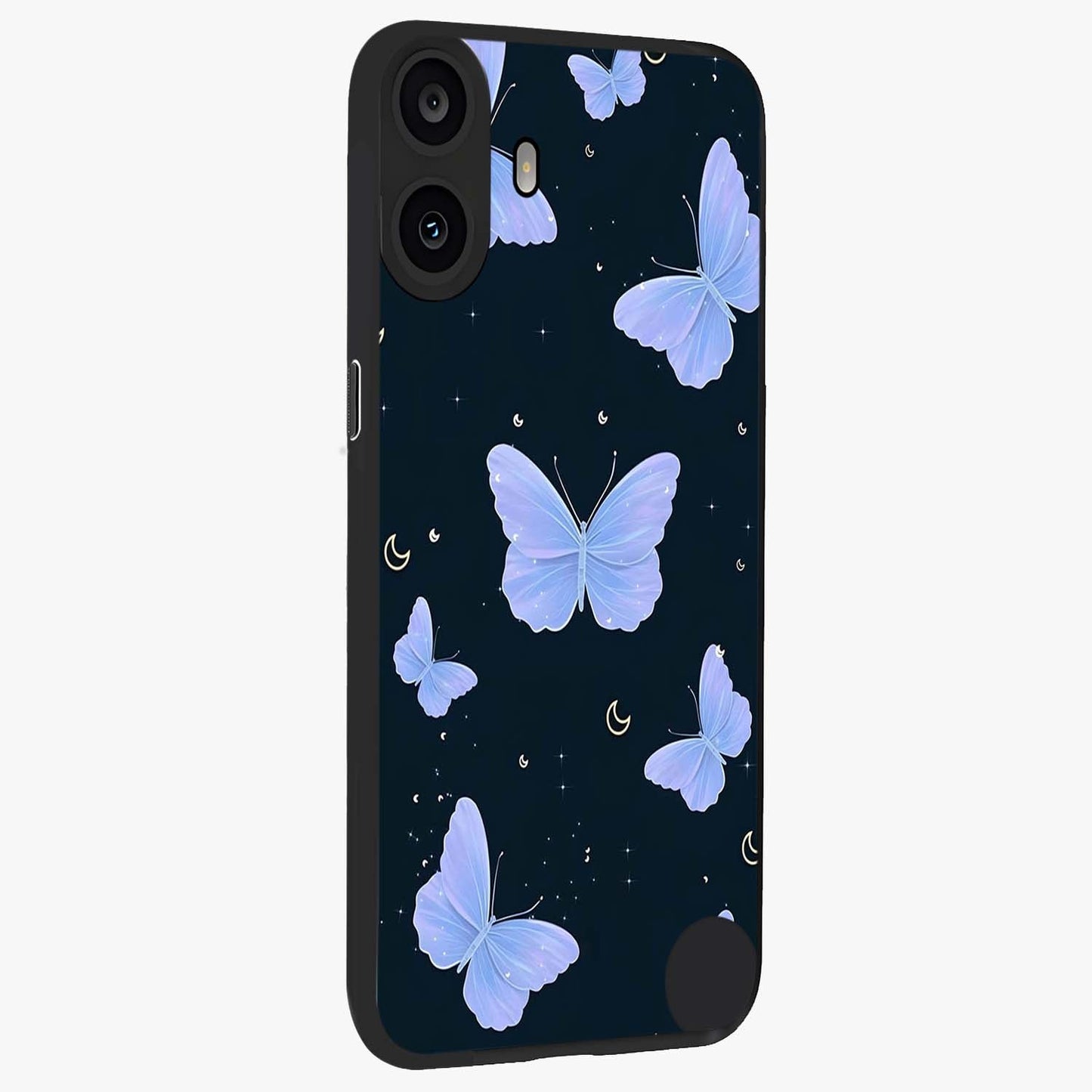 Butterfly With Stars Pattern Glass Case upright view showcasing celestial butterfly artwork with sparkling star elements.