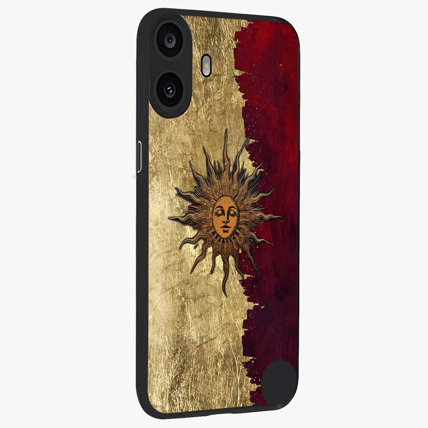 Crimson Sun Majesty Glass Case upright view showcasing vibrant sun artwork with powerful celestial theme.