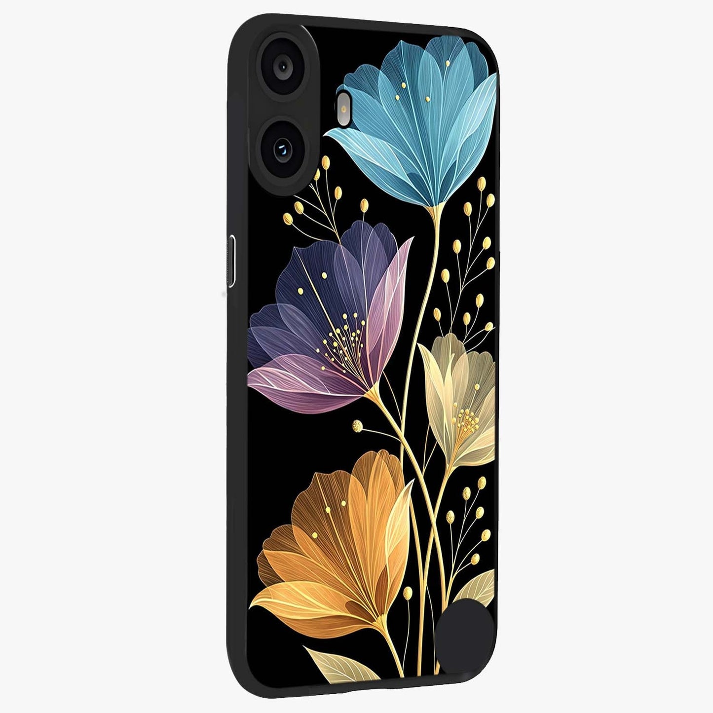 Delicate Multicolor Flowers Glass Case upright view showcasing delicate floral artwork with bright botanical theme.