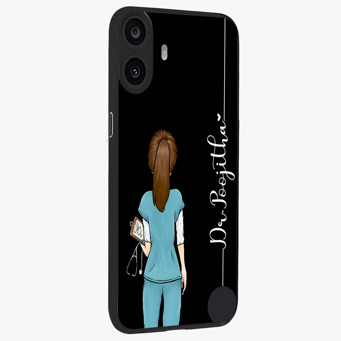 Doctor Pattern Custom Name Glass Case upright view showcasing healthcare themed design with personalized aesthetic.