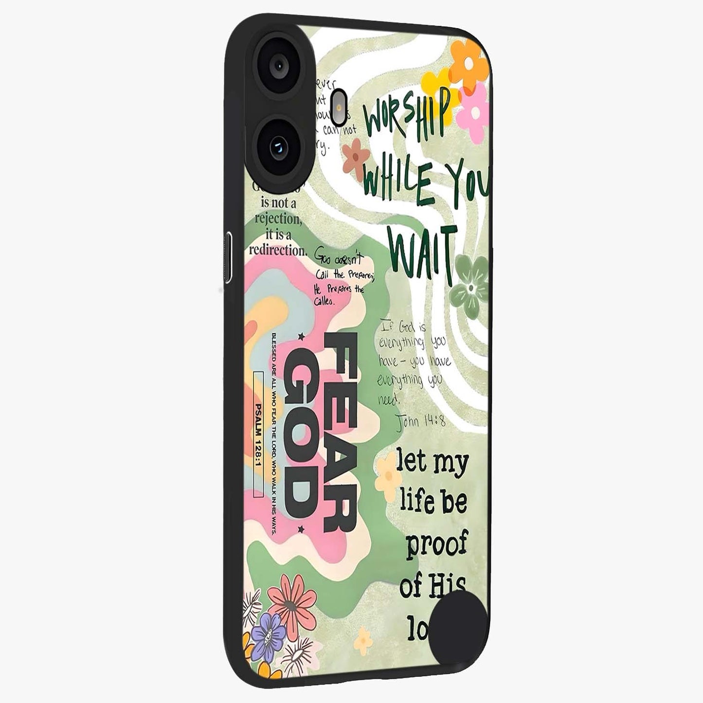 Faith Over Fear Glass Case upright view showcasing bold typography artwork with uplifting motivational theme.