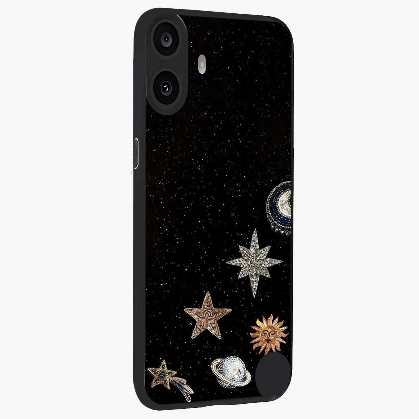 Galactic Charm Glow Glass Case upright view showcasing glowing cosmic charm artwork with magical celestial style.