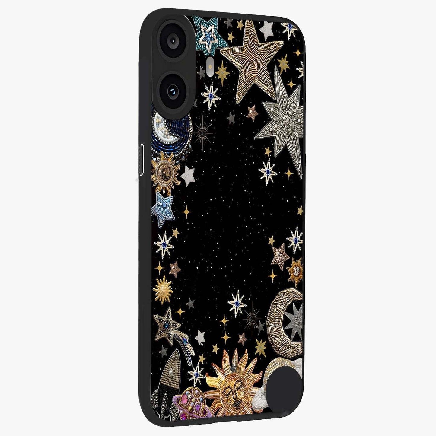 Galactic Jewel Stars Glass Case upright view showcasing glittering star jewel artwork with vibrant galaxy theme.