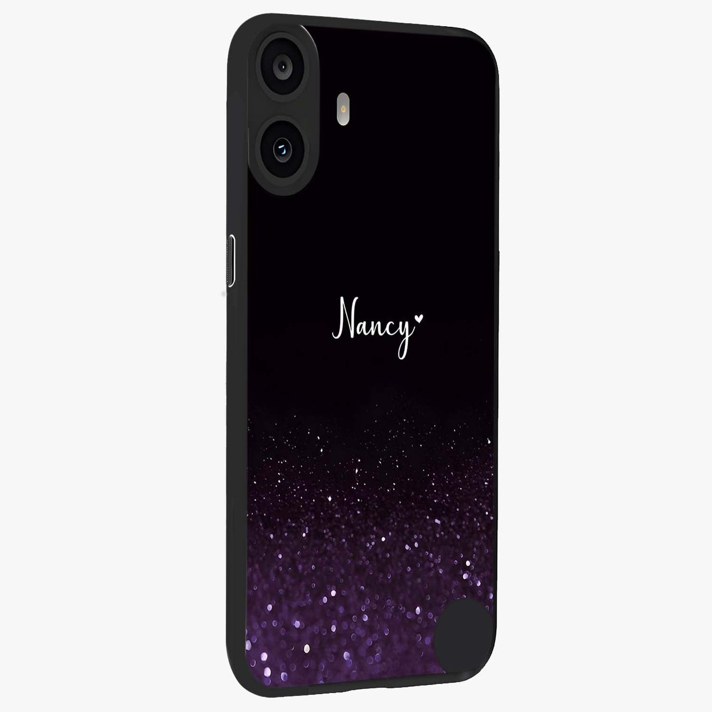 Glittery Purple Bokeh Custom Name Glass Case upright view showcasing vibrant purple sparkle artwork with personalized aesthetic style.