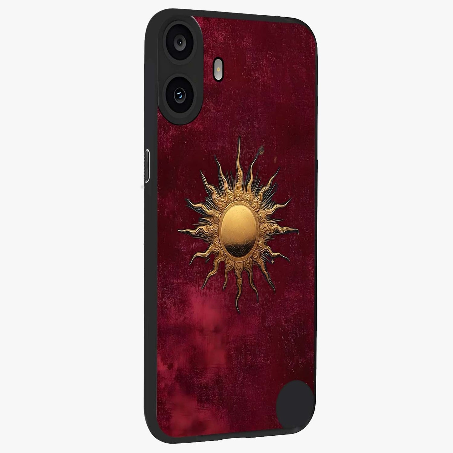 Golden Sun Minimalism Glass Case upright view showcasing simple golden sun artwork with elegant minimalist style.
