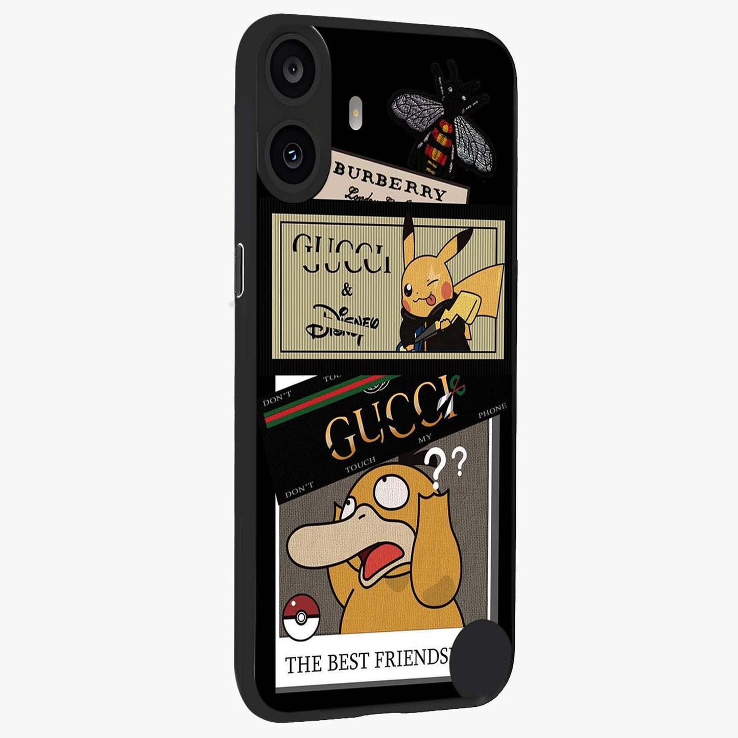 Gucci Play Mashup Glass Case upright view showcasing trendy luxury inspired artwork with modern fashion theme.