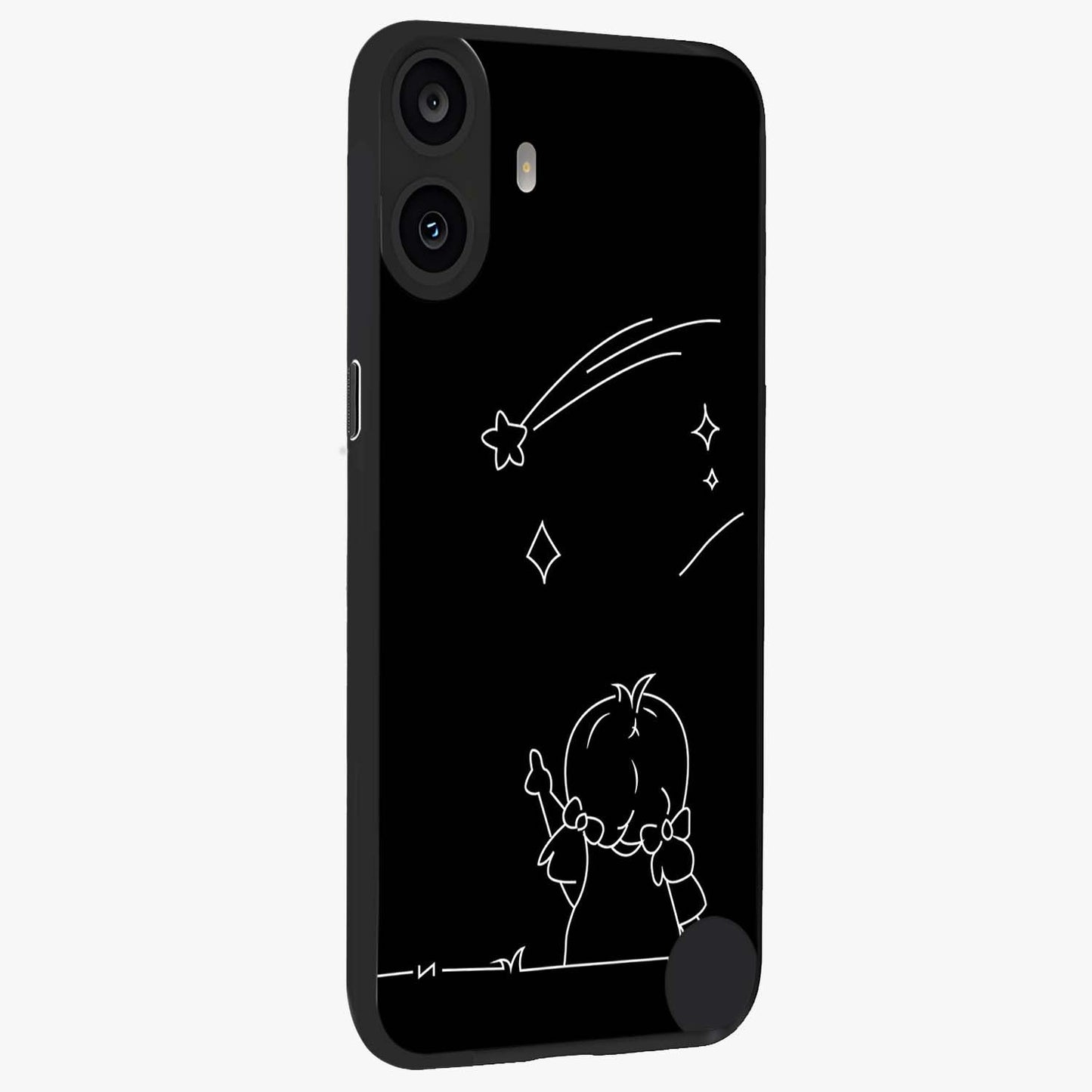 Line Art Girl With Shooting Stars Glass Case upright view showcasing delicate shooting stars artwork with minimal artistic theme.