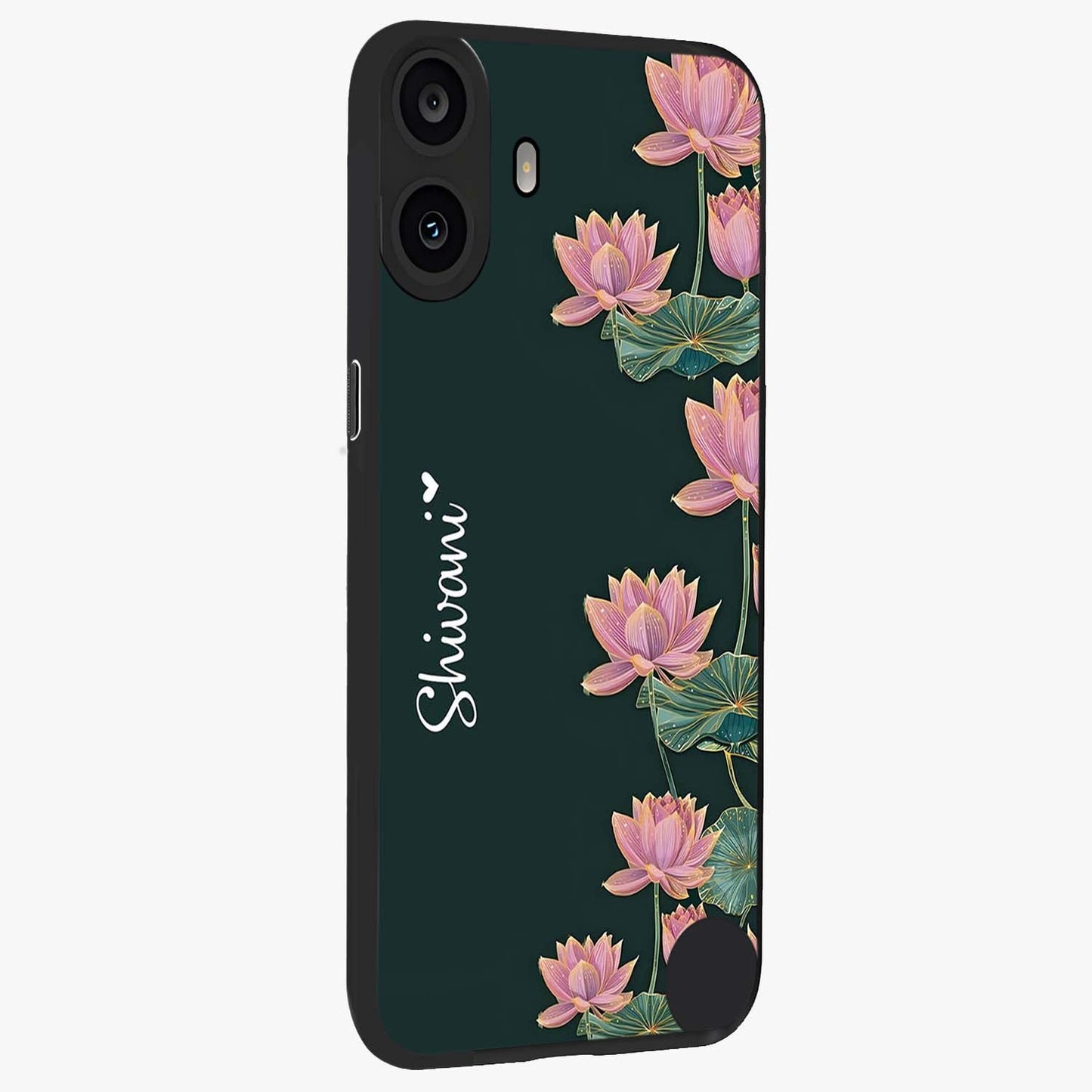 Lotus Bloom Serenity Custom Name Glass Case upright view showcasing serene lotus bloom artwork with personalized floral aesthetic.