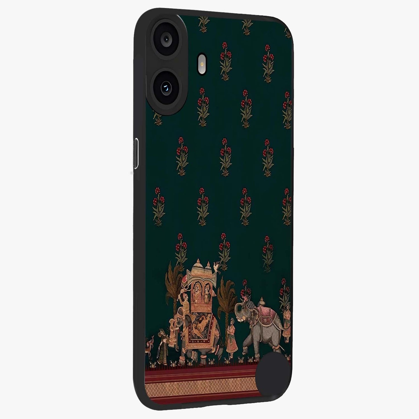 Macmerise Glass Case upright view showcasing bold artistic artwork with contemporary design theme.