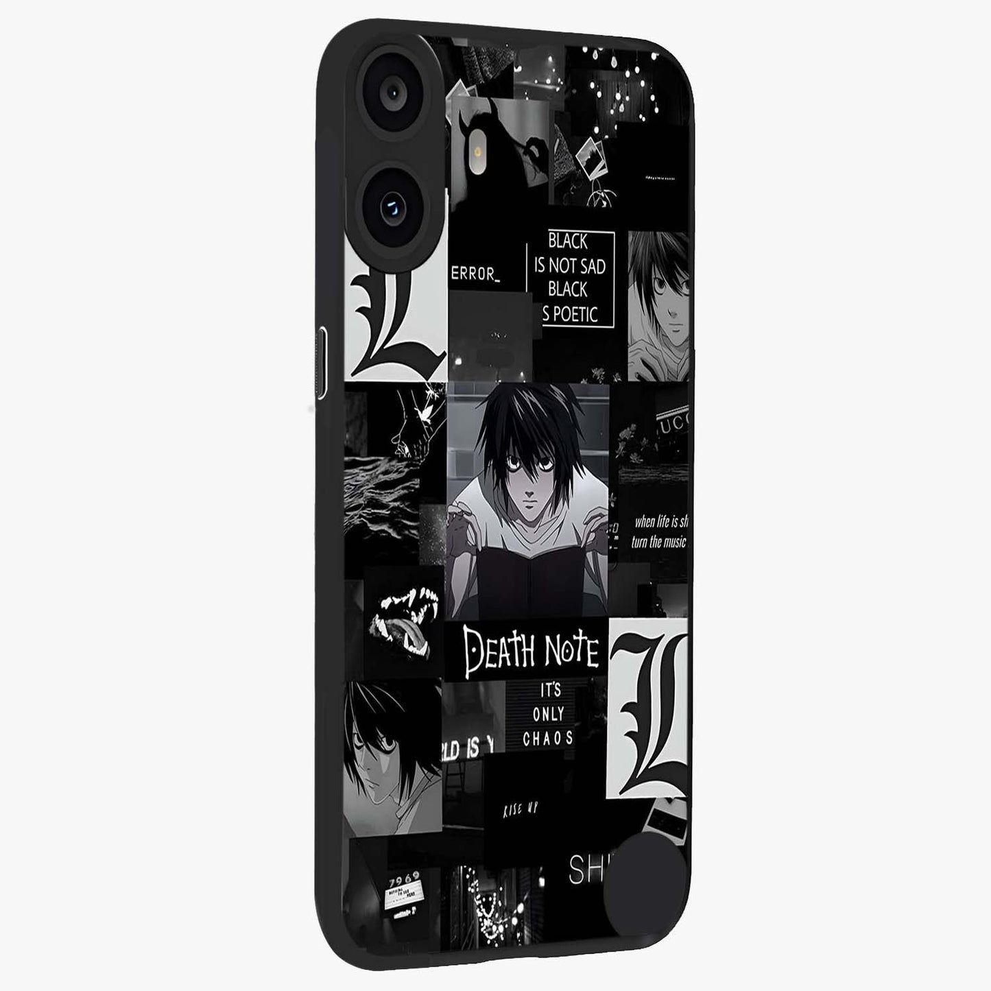 Midnight Chaos Mind Glass Case upright view showcasing expressive abstract artwork with bold dark theme.