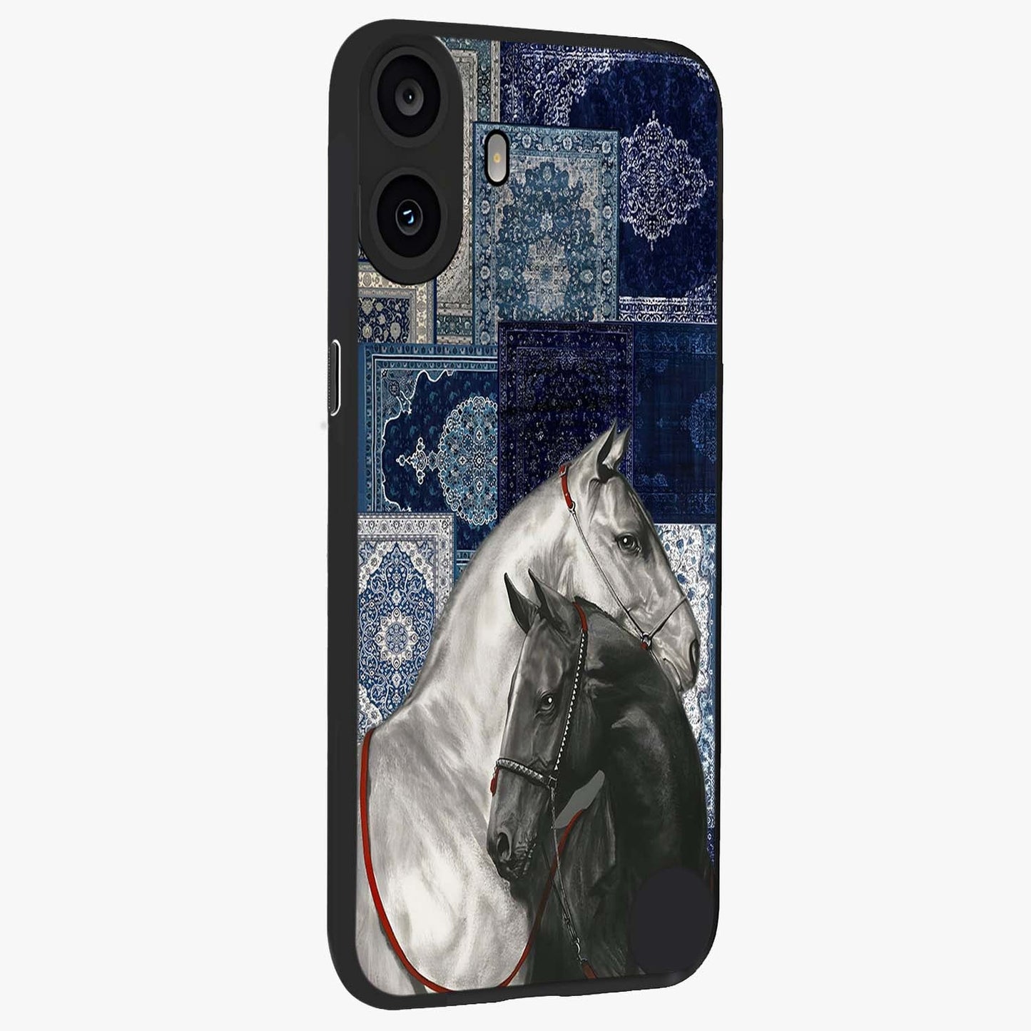 Midnight Stallion Blues Glass Case upright view showcasing dramatic horse artwork with bold artistic theme.