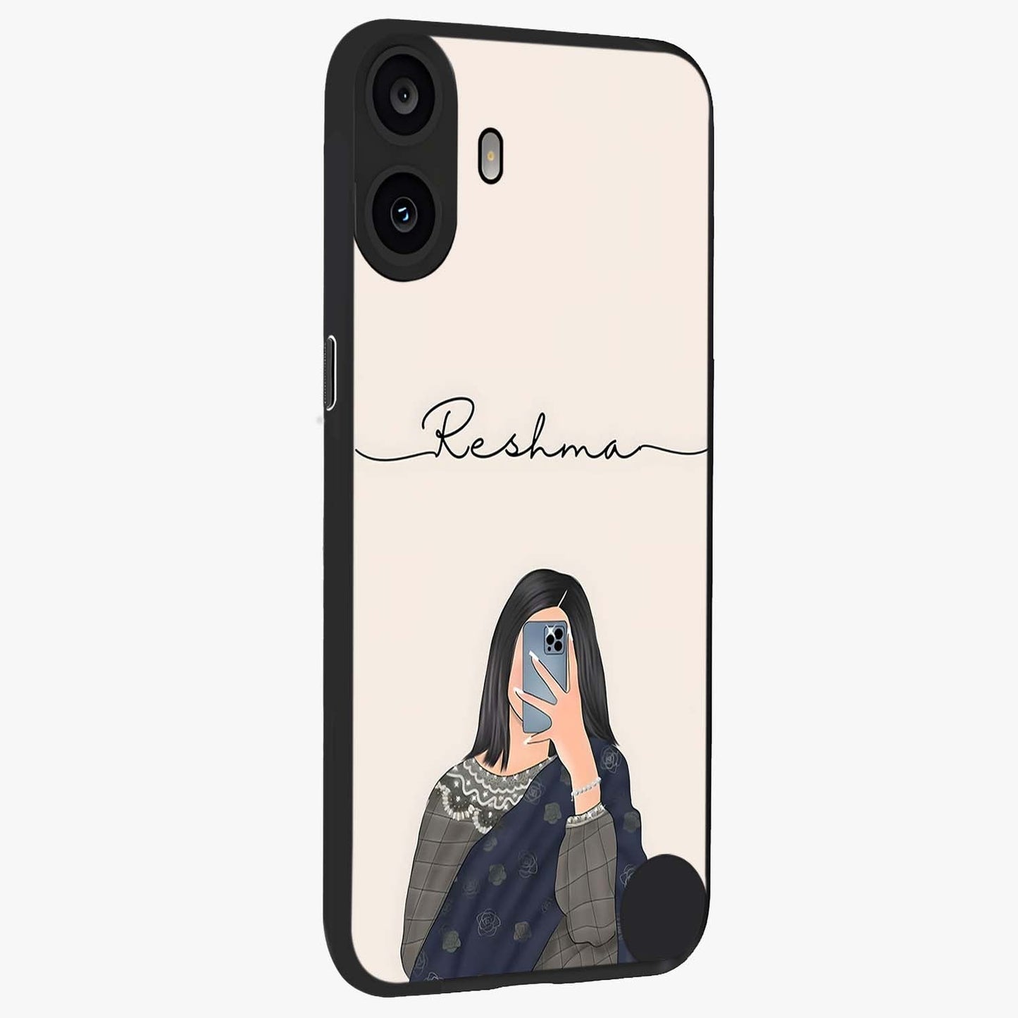 Mirror Mood Muse With Custom Name Glass Case upright view showcasing artistic mirror themed artwork with personalized aesthetic.