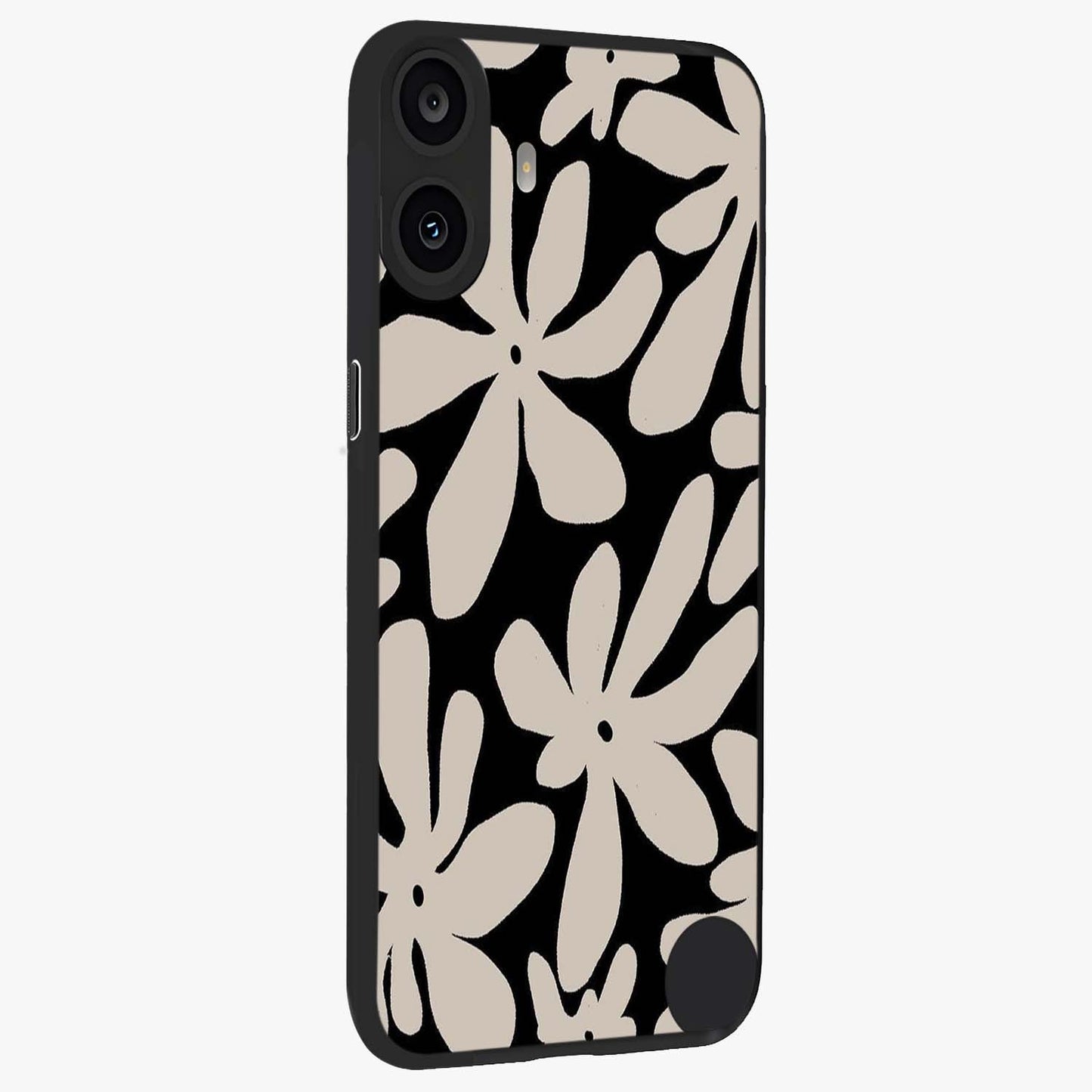 Monochrome Petal Dance Glass Case upright view showcasing artistic floral pattern with stylish monochrome theme.