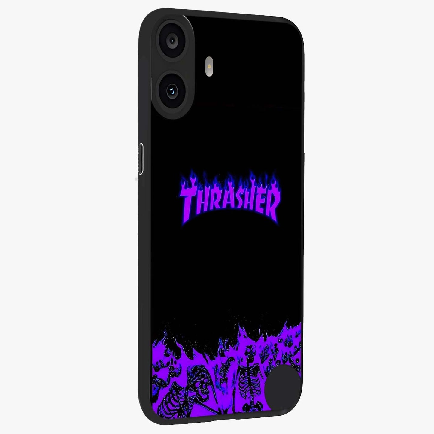 Neon Flame Riot Glass Case upright view showcasing dynamic flame artwork with energetic neon theme.