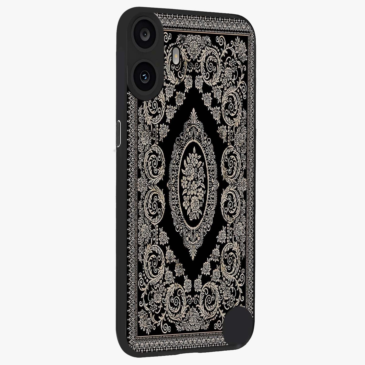 Noir Bloom Elegance Glass Case upright view showcasing graceful floral artwork with luxurious dark theme.