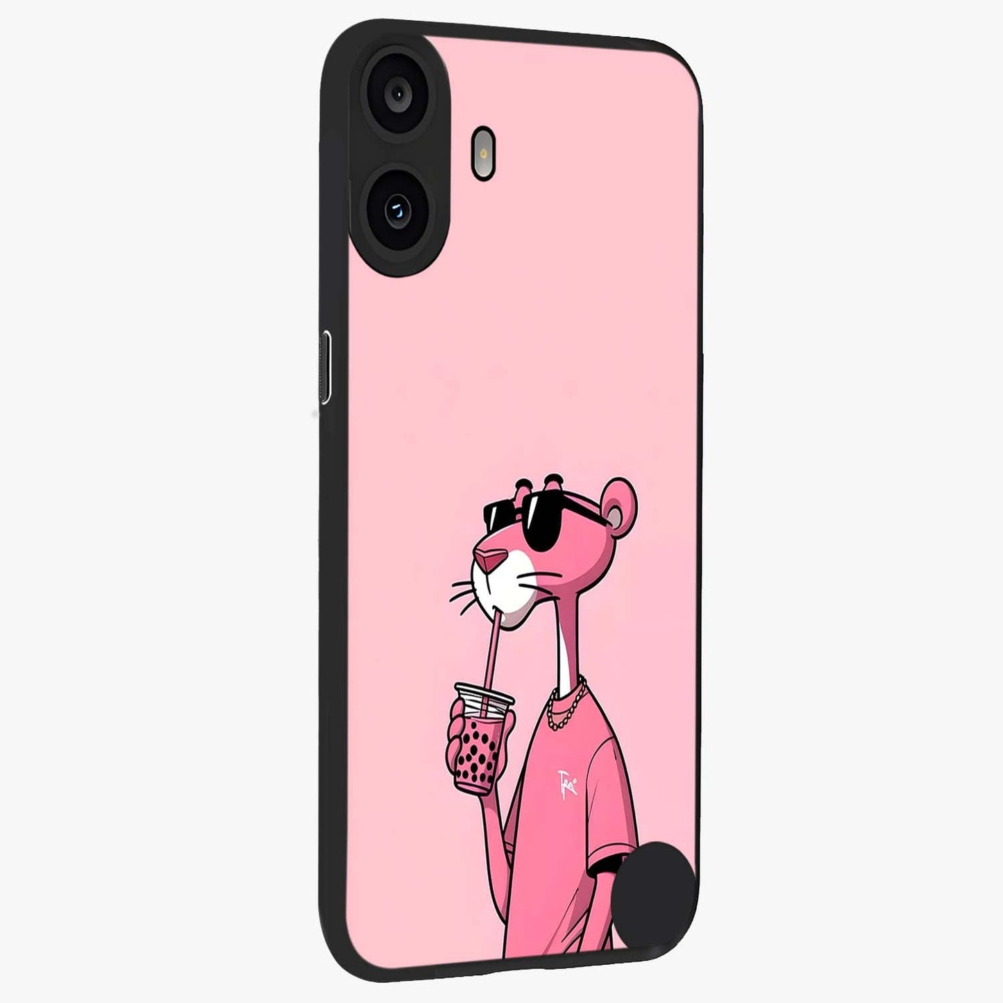 Pink Panther Glass Case upright view showcasing fun animated artwork with stylish retro cartoon theme.