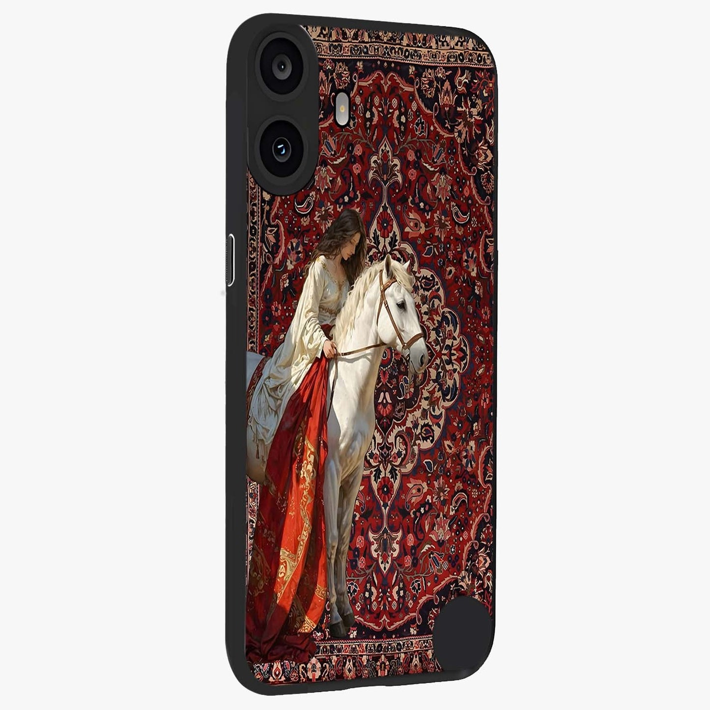 Royal Rider Tapestry Glass Case upright view showcasing detailed rider artwork with classic tapestry theme.