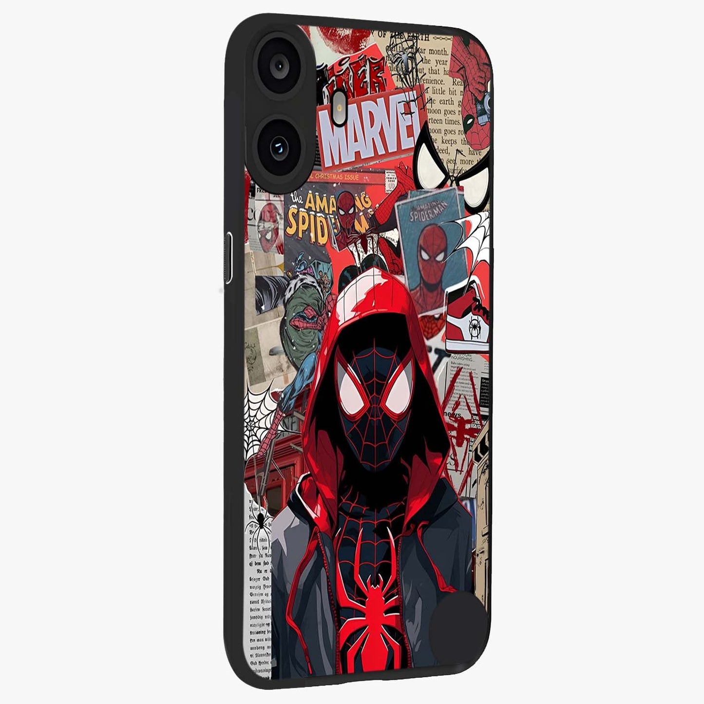 Spider Collage Street Glass Case upright view showcasing bold superhero artwork with urban street theme.