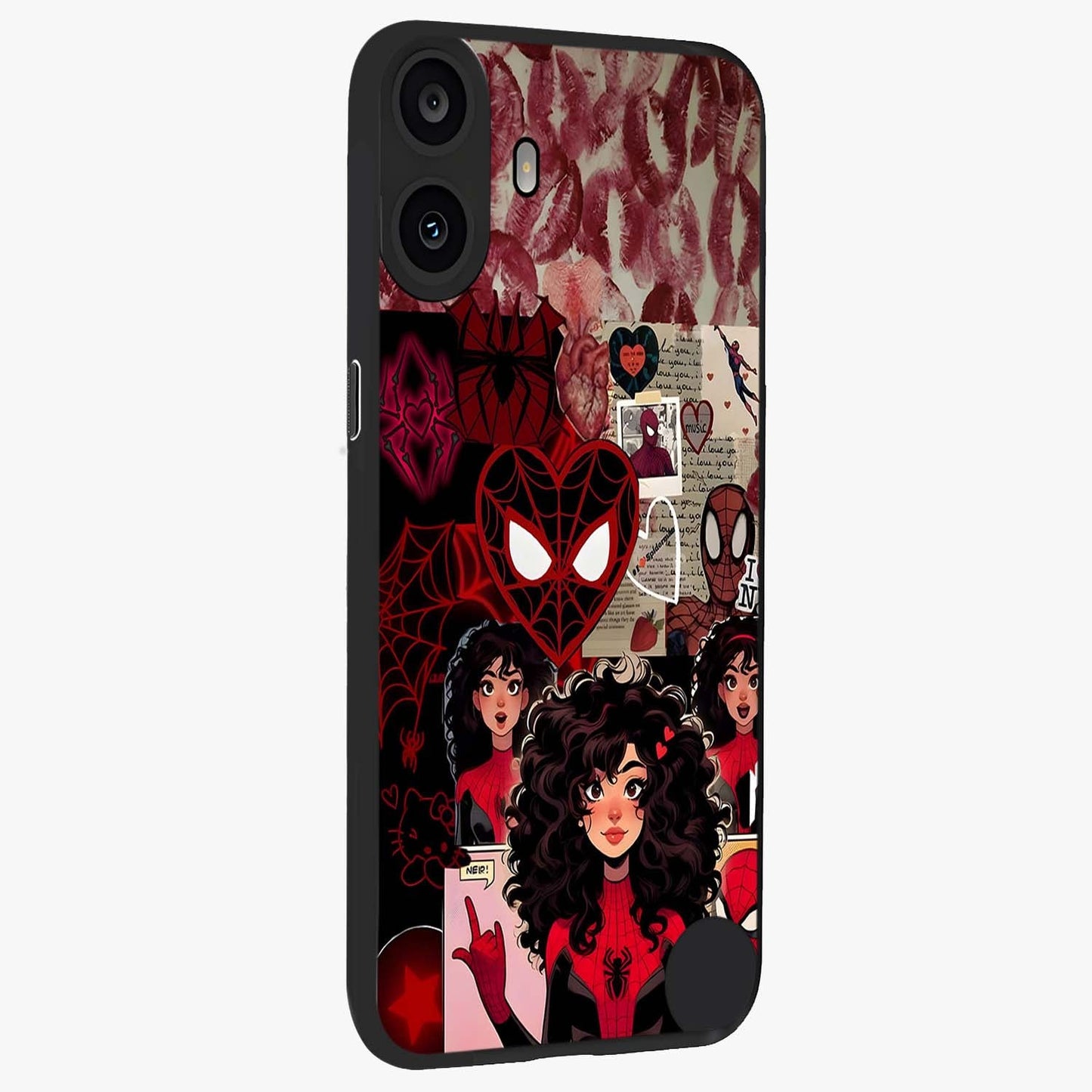 Spider Love Story Glass Case upright view showcasing charming superhero artwork with romantic comic theme.
