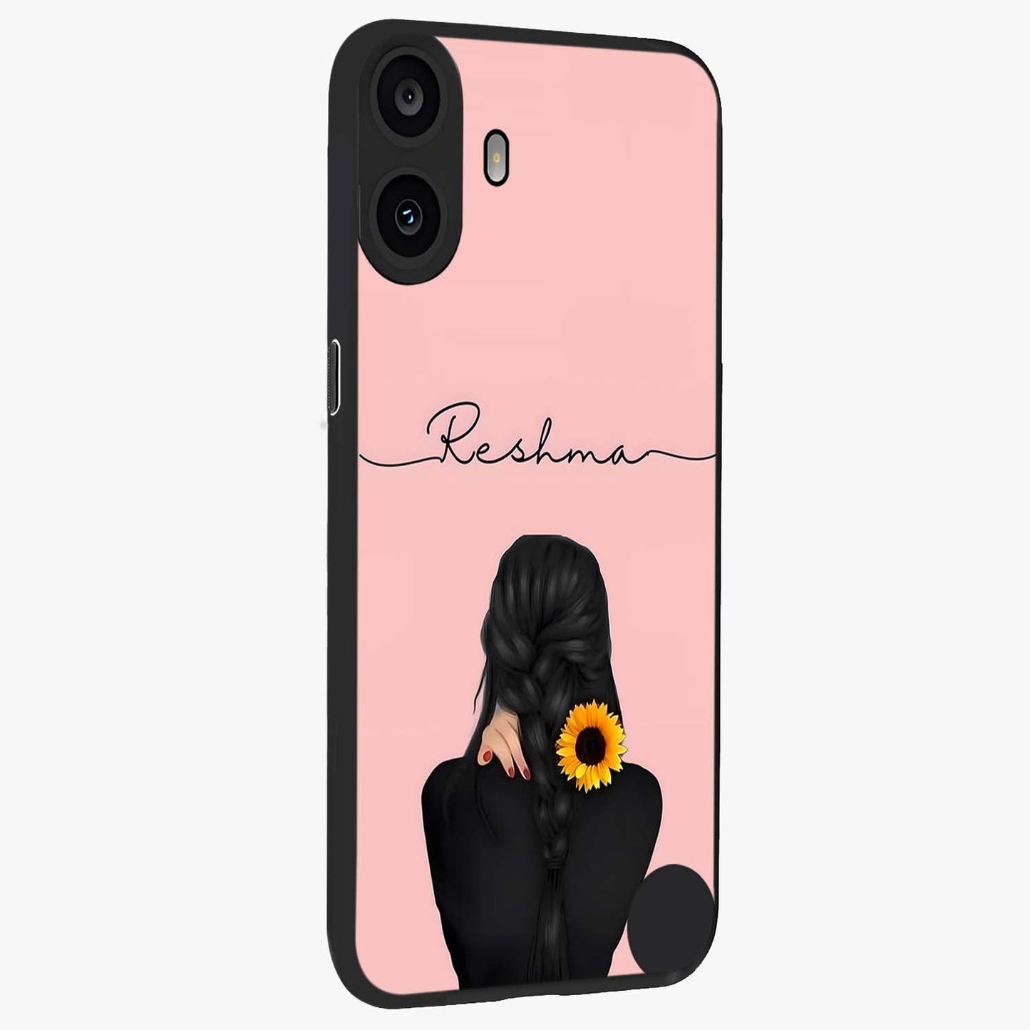 Sunflower Braid Beauty With Custom Name Glass Case upright view showcasing bright sunflower artwork with personalized floral aesthetic.