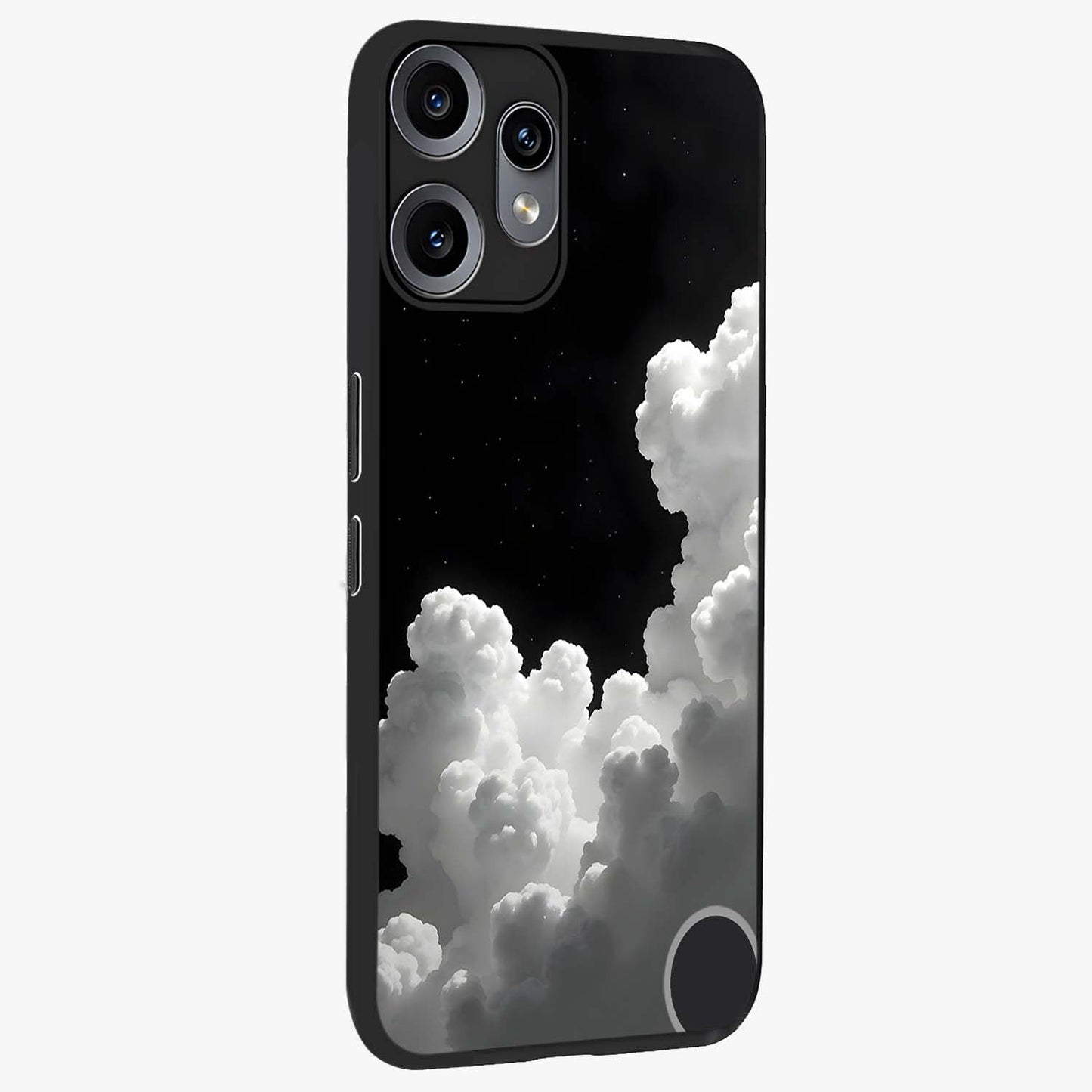 Black Background With White Cloud Glass Case upright view showcasing calm cloud aesthetic with modern minimal style.