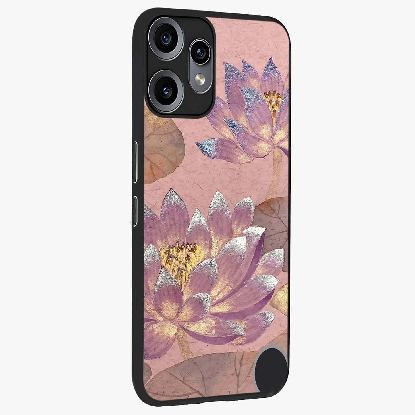 Blossom Mist Lotus Glass Case upright view showcasing graceful lotus flower design with peaceful botanical style.