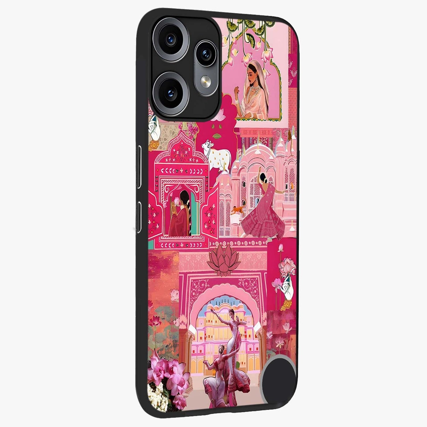 Blossoms of Rajasthan Glass Case upright view showcasing colorful floral design inspired by traditional Indian art.