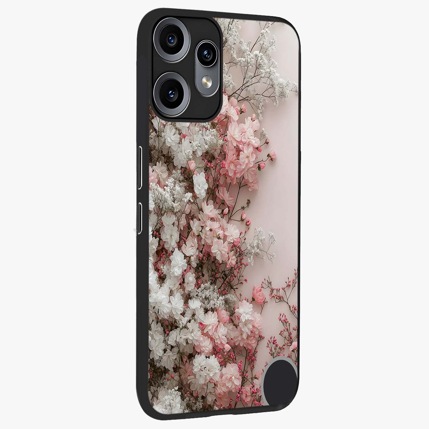 Blush Blossom Cloud Glass Case upright view showcasing calm floral cloud artwork with gentle dreamy theme.