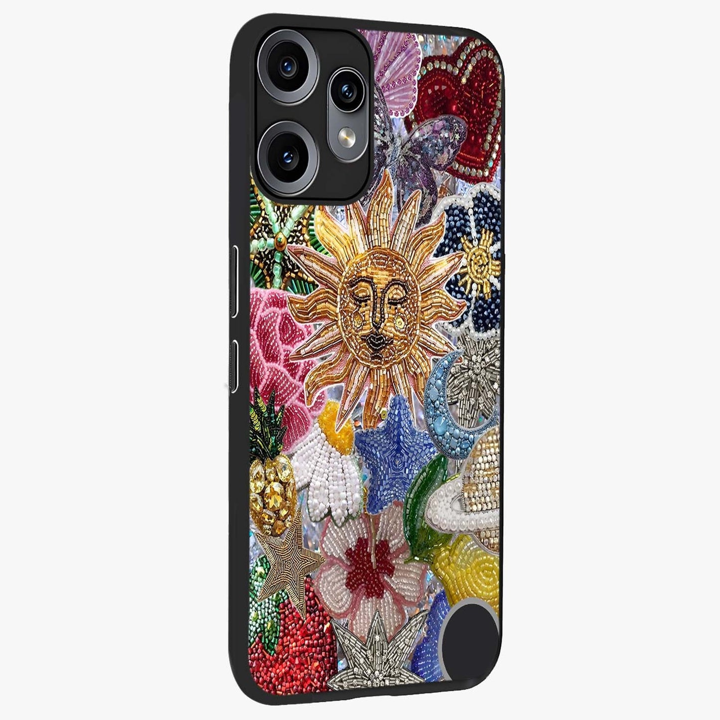 Celestial Floral and Playful Glass Case upright view showcasing whimsical floral artwork with cosmic aesthetic theme.