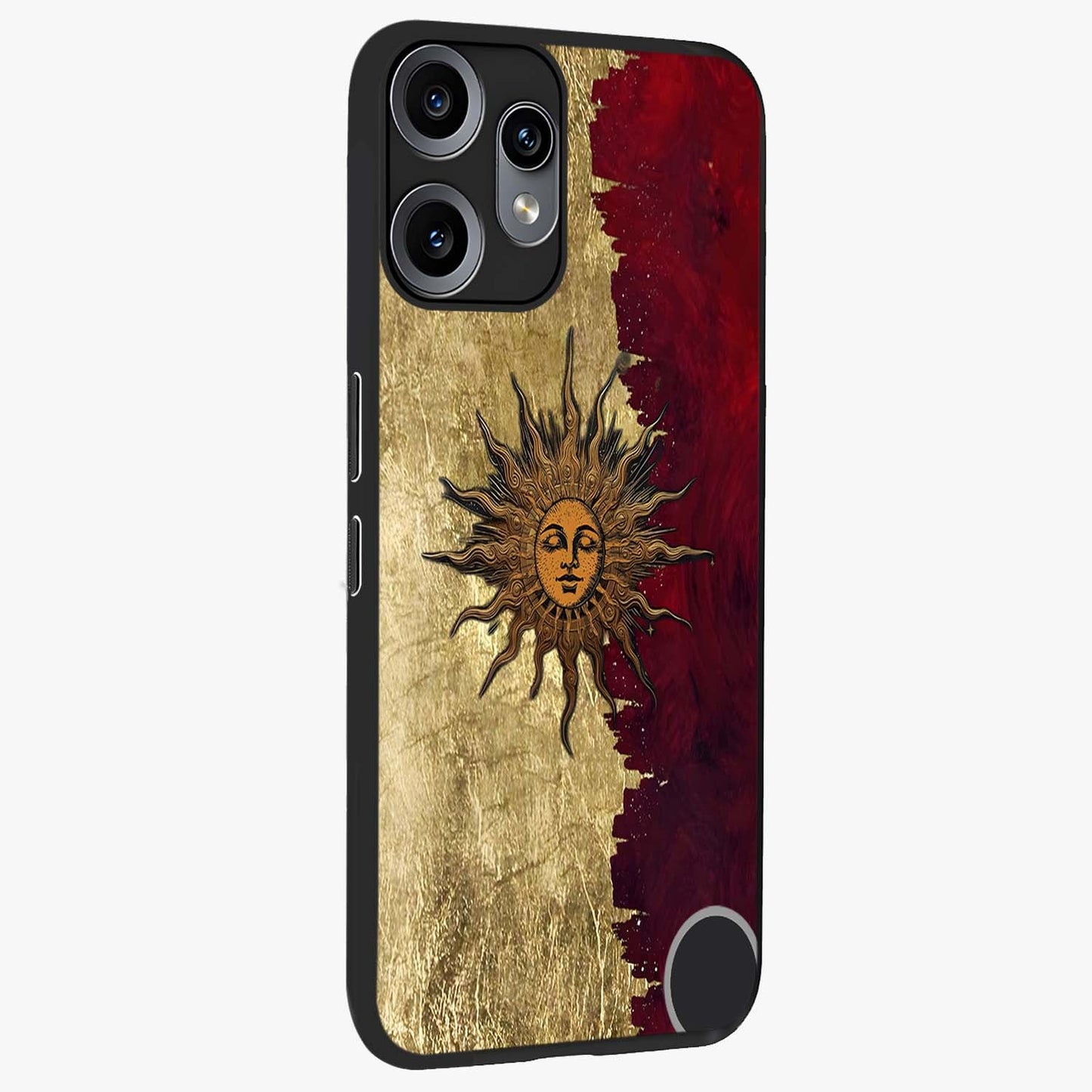 Crimson Sun Majesty Glass Case upright view showcasing vibrant sun artwork with powerful celestial theme.