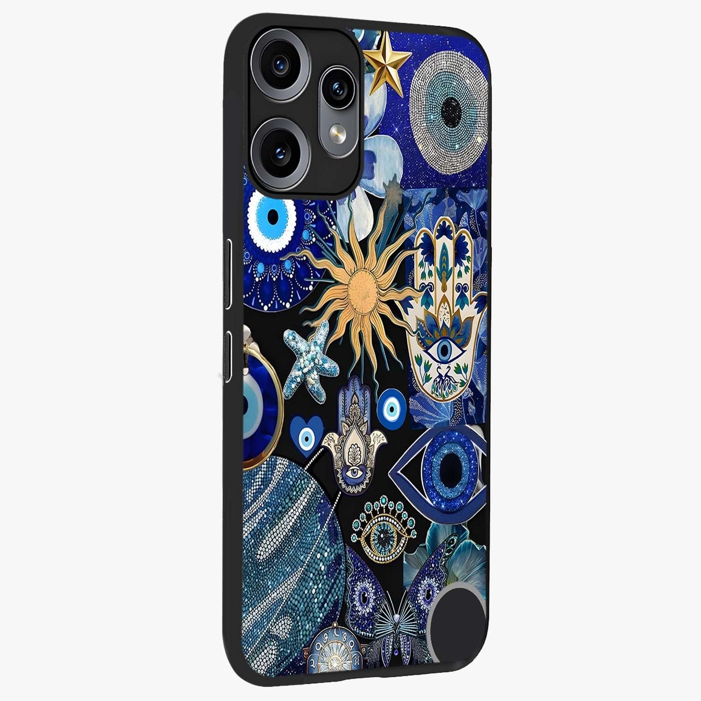 Evil Eye Charm Mix Glass Case upright view showcasing mystical evil eye pattern with vibrant decorative style.