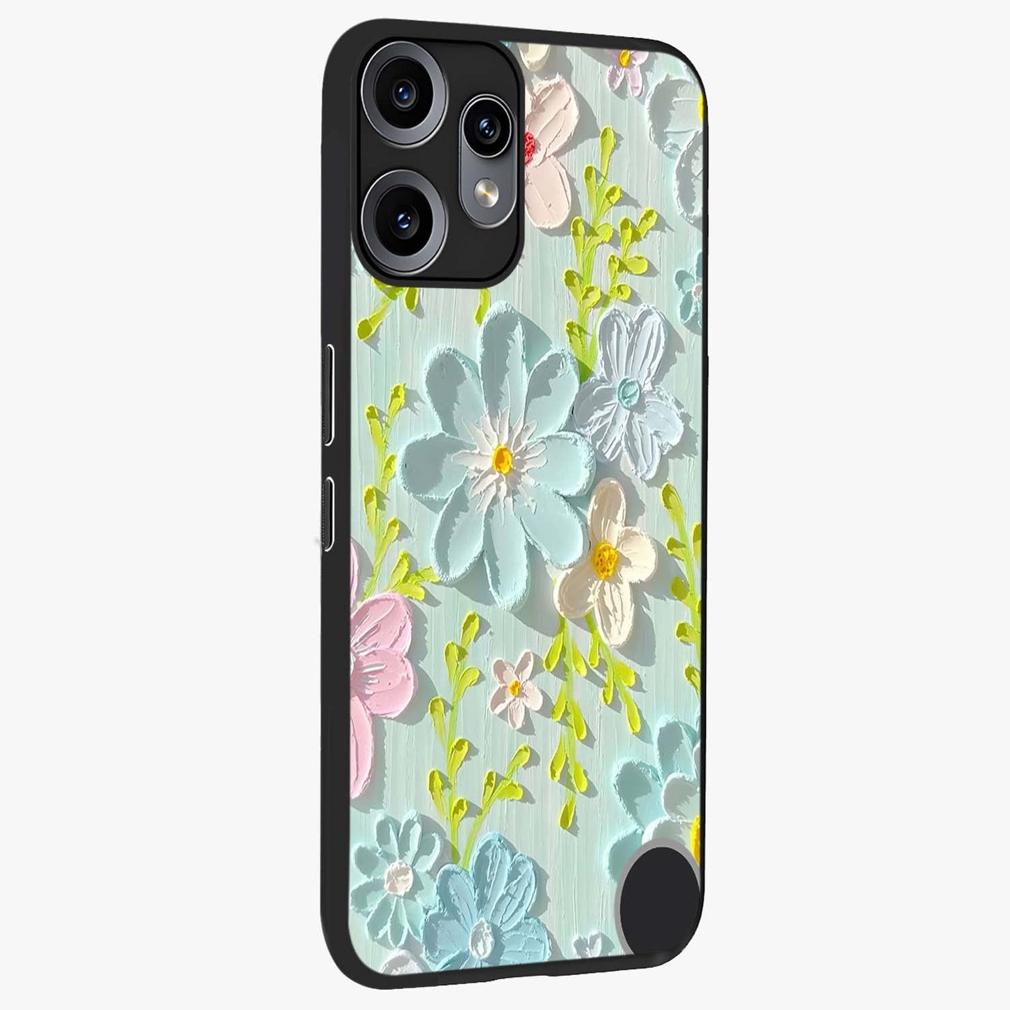 Frosted Petal Garden Glass Case upright view showcasing elegant floral garden artwork with soothing pastel theme.