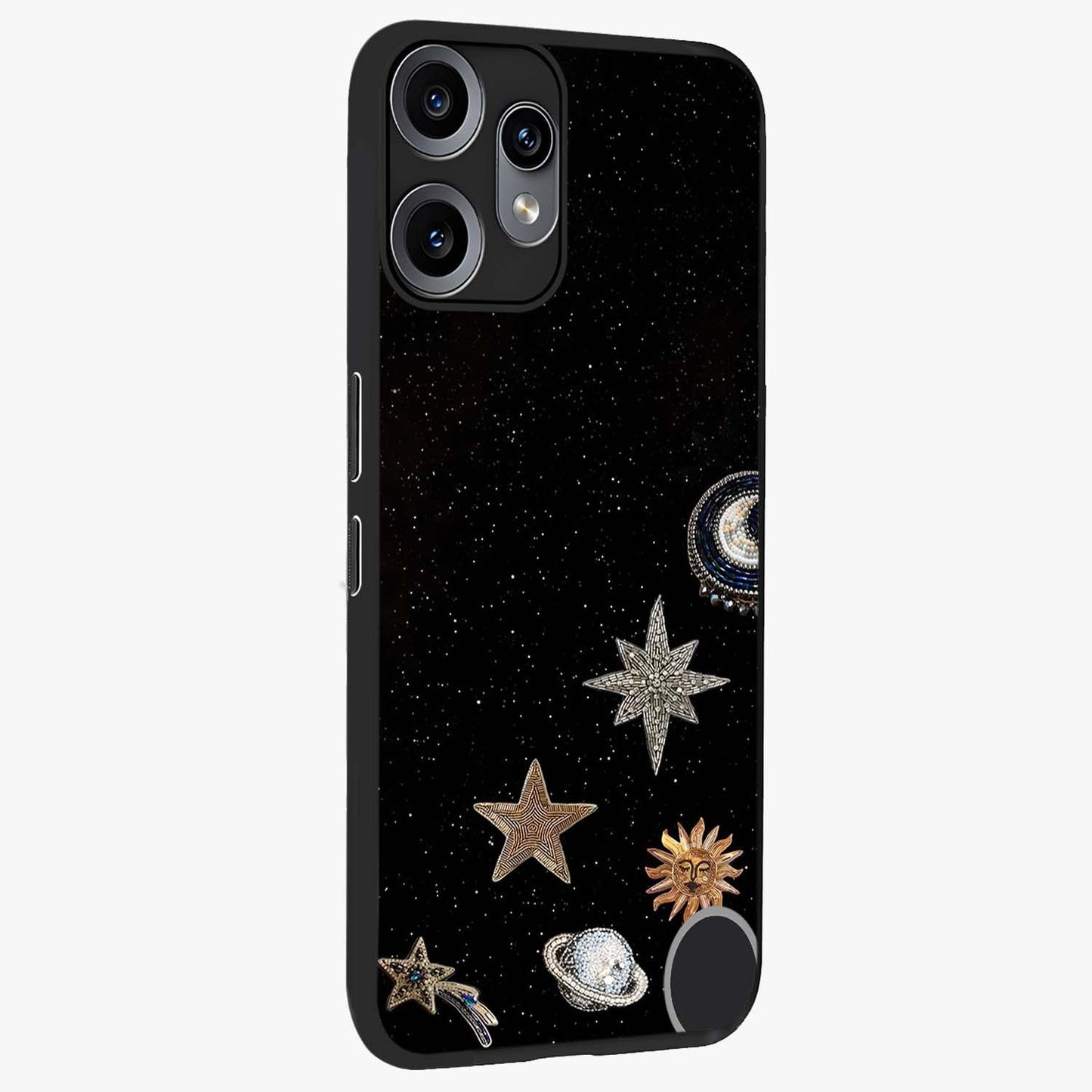 Galactic Charm Glow Glass Case upright view showcasing glowing cosmic charm artwork with magical celestial style.