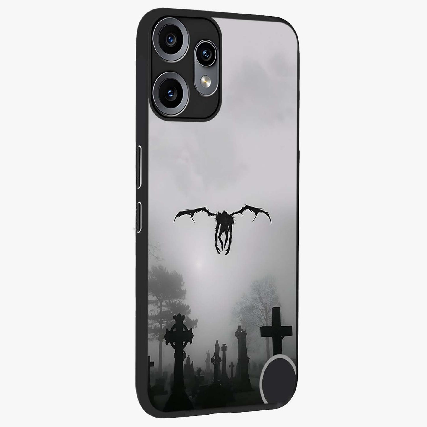 Graveyard Shadow Descent Glass Case upright view showcasing haunting graveyard artwork with dramatic dark theme.
