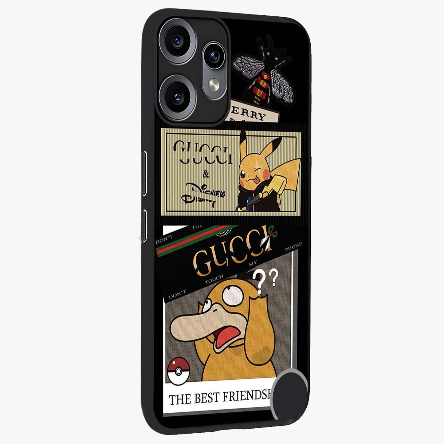 Gucci Play Mashup Glass Case upright view showcasing trendy luxury inspired artwork with modern fashion theme.