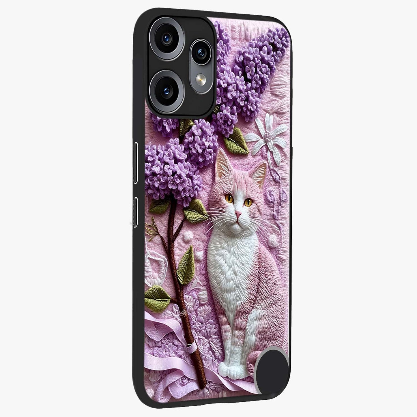 Lavender Cat Whimsy Glass Case upright view showcasing charming cat artwork with whimsical lavender theme.