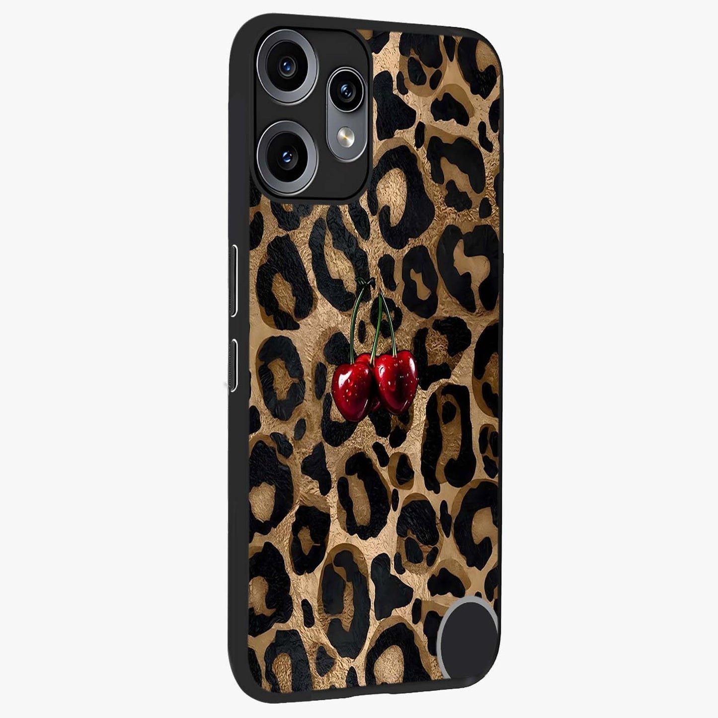 Leopard Wild Cherry Glass Case upright view showcasing stylish leopard pattern artwork with trendy fashion theme.