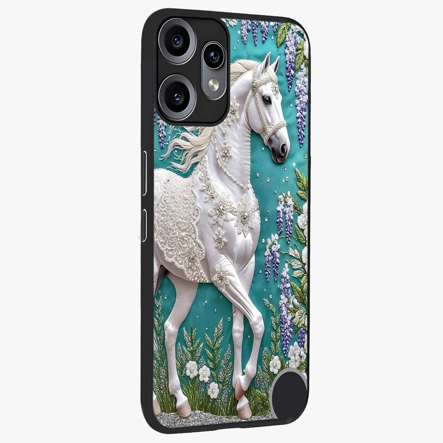 Majestic Floral Stallion Glass Case upright view showcasing dramatic horse artwork with decorative floral theme.