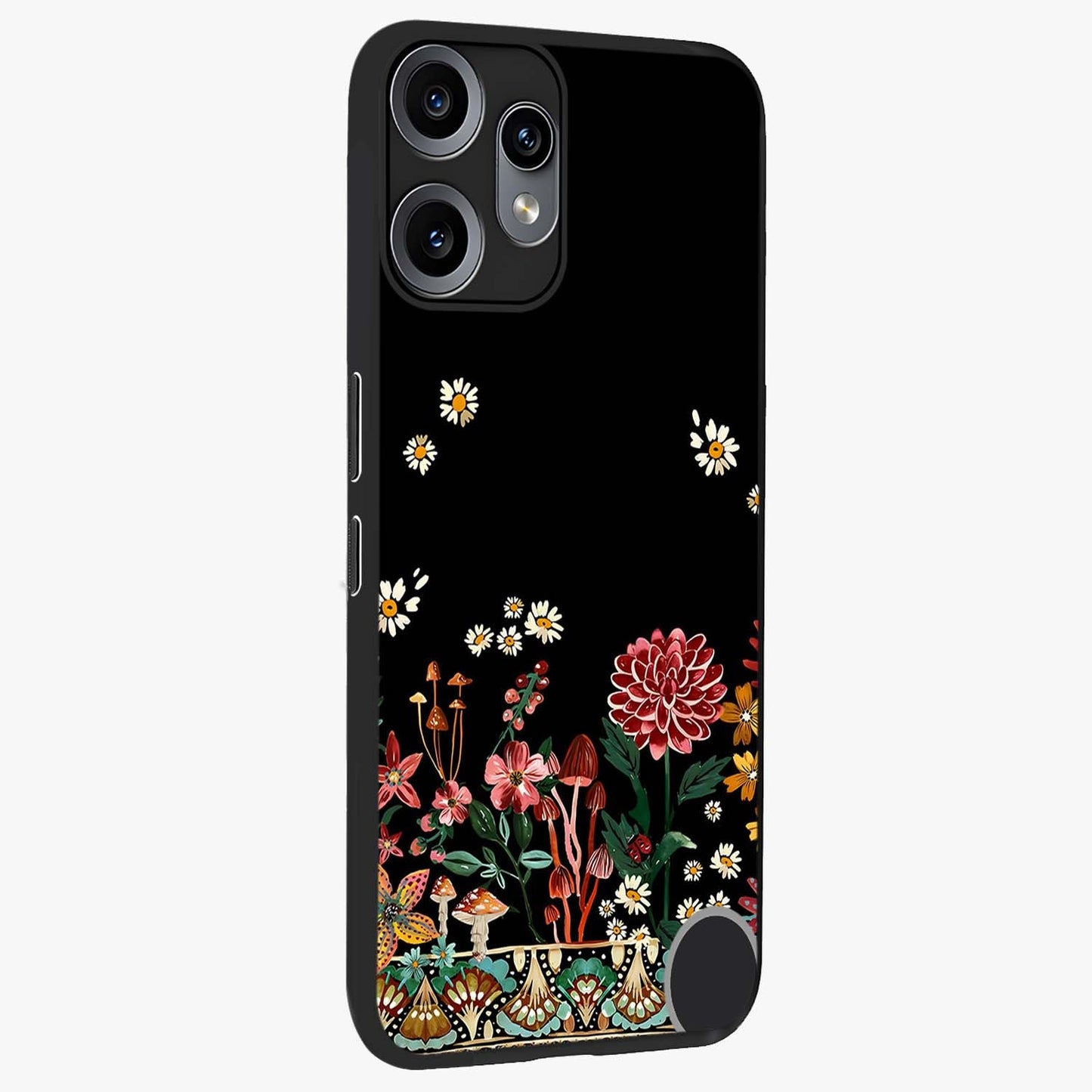 Midnight Bloom Pattern Glass Case upright view showcasing decorative floral artwork with deep night themed palette.