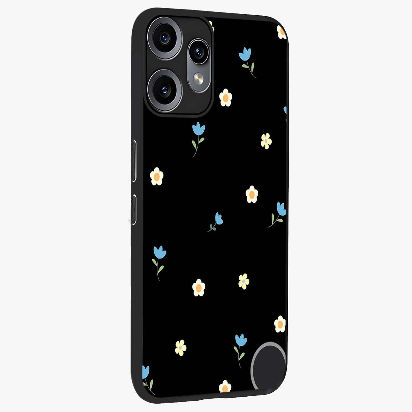 Minimal Petal Whispers Glass Case upright view showcasing elegant floral artwork with modern minimalist style.