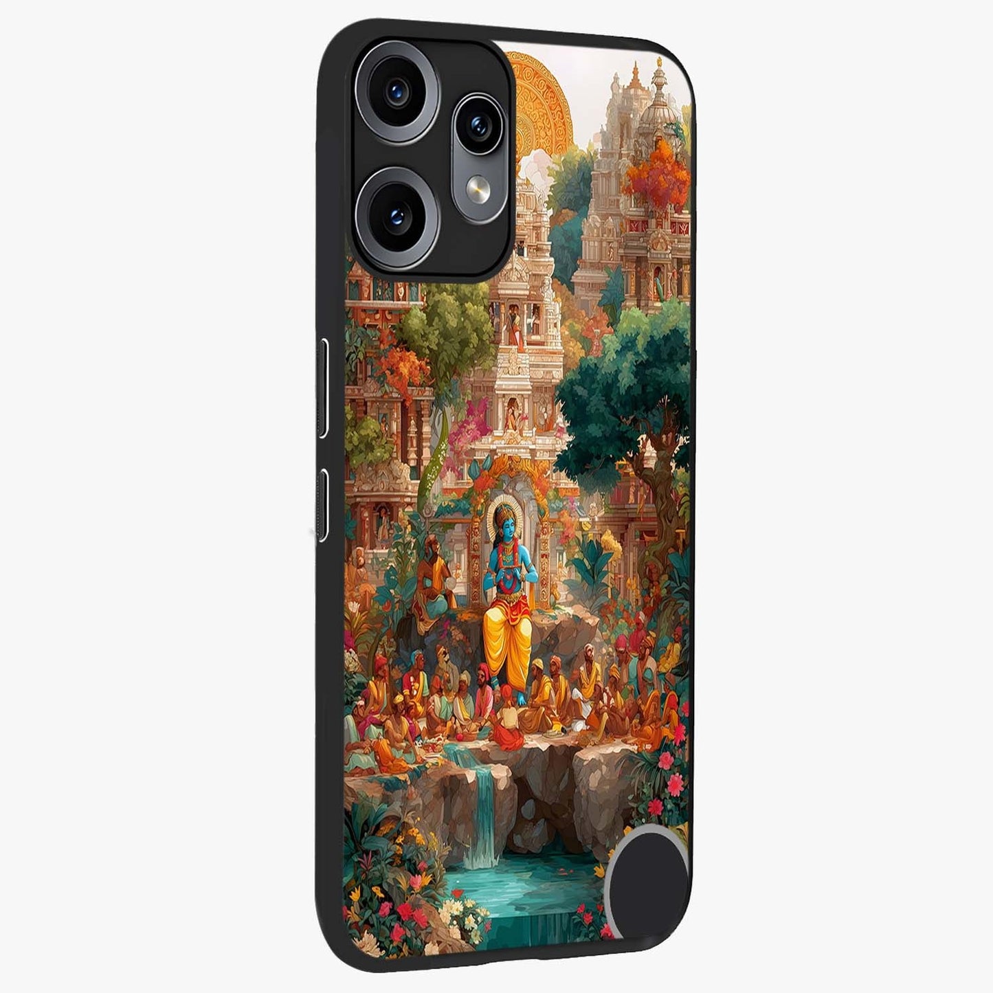 Sacred Sunlight Gods Glass Case upright view showcasing glowing divine artwork with sacred mythological theme.