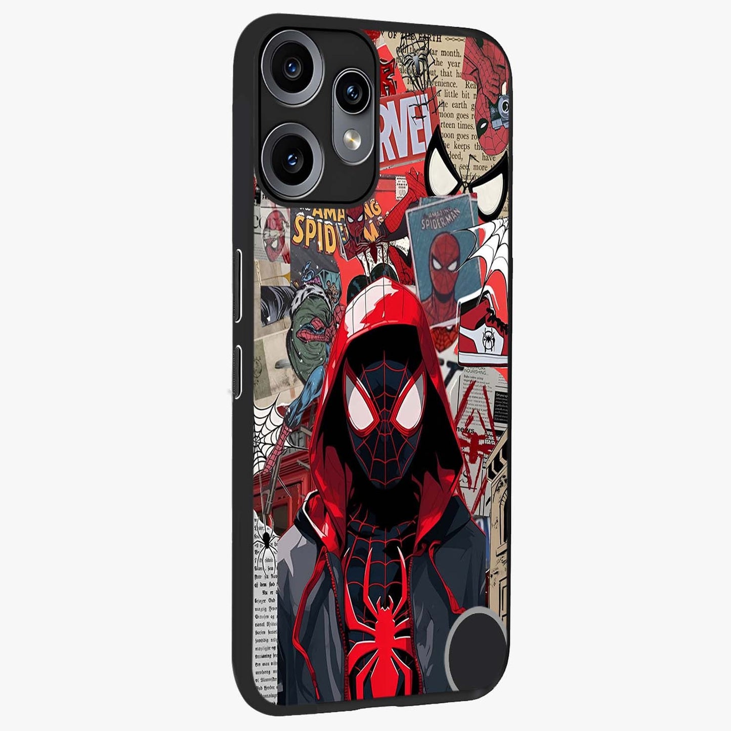 Spider Collage Street Glass Case upright view showcasing bold superhero artwork with urban street theme.