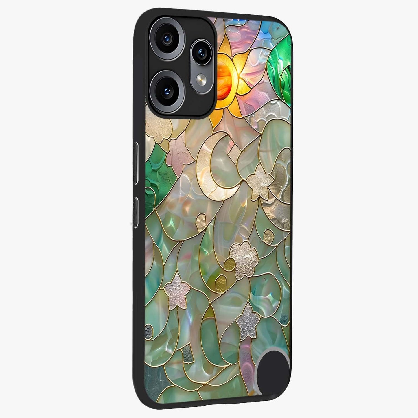 Stained Sunrise Glow Glass Case upright view showcasing colorful sunrise artwork with warm morning theme.