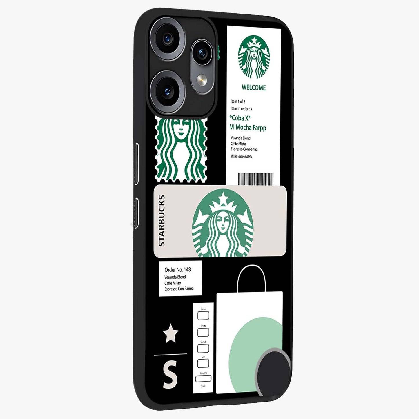 Starbucks Mocha Glass Case upright view showcasing trendy coffee inspired artwork with modern lifestyle theme.