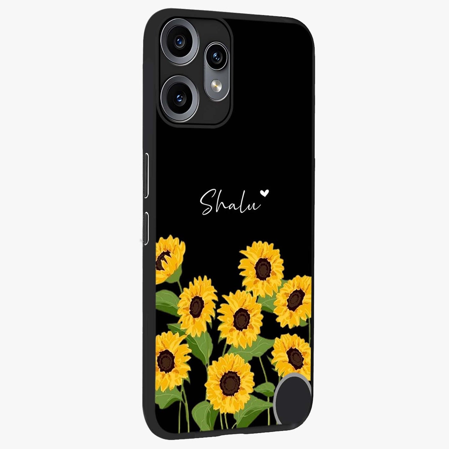 Sunflower Chic Mood Custom Name Glass Case upright view showcasing cheerful sunflower artwork with trendy floral theme.
