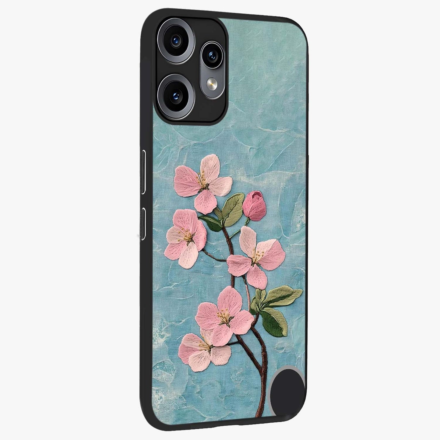 Threaded Blossom Breeze Glass Case upright view showcasing graceful flower artwork with calm botanical theme.