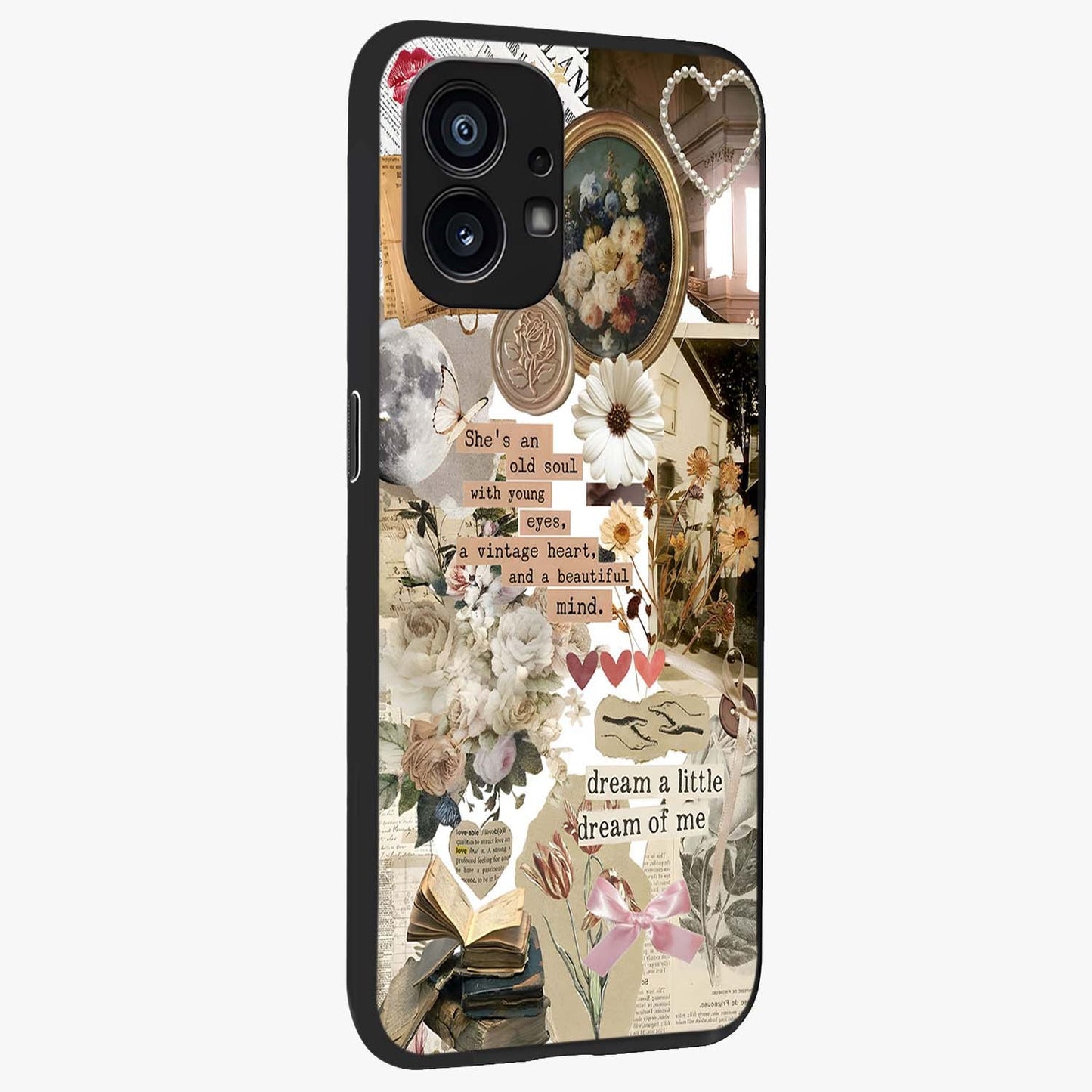 Aesthetic Brown Vintage Collage Glass Case upright view showcasing nostalgic retro artwork with stylish vintage theme.