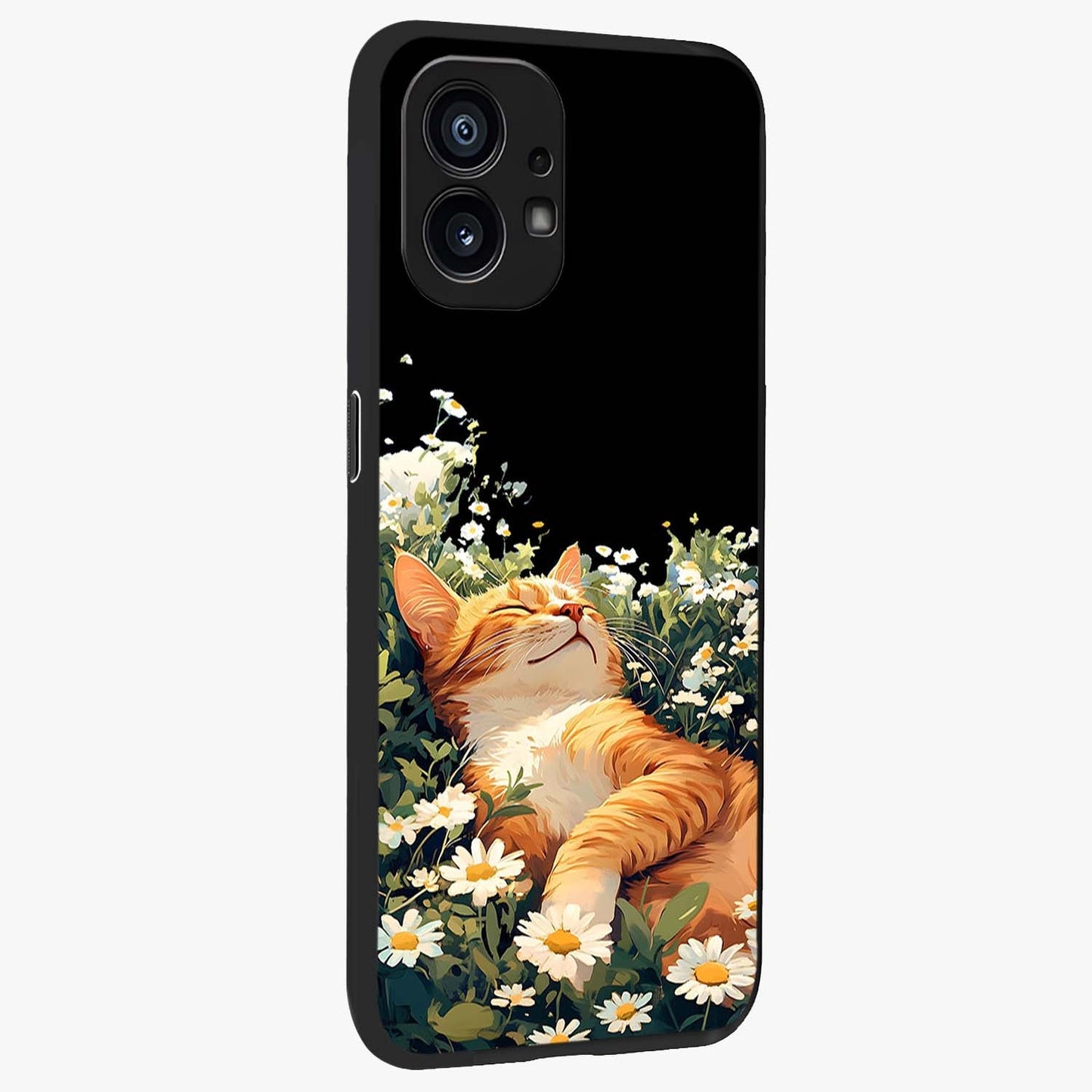 Blissful Bloom Cat Glass Case upright view showcasing charming cat design surrounded by blooming floral elements.