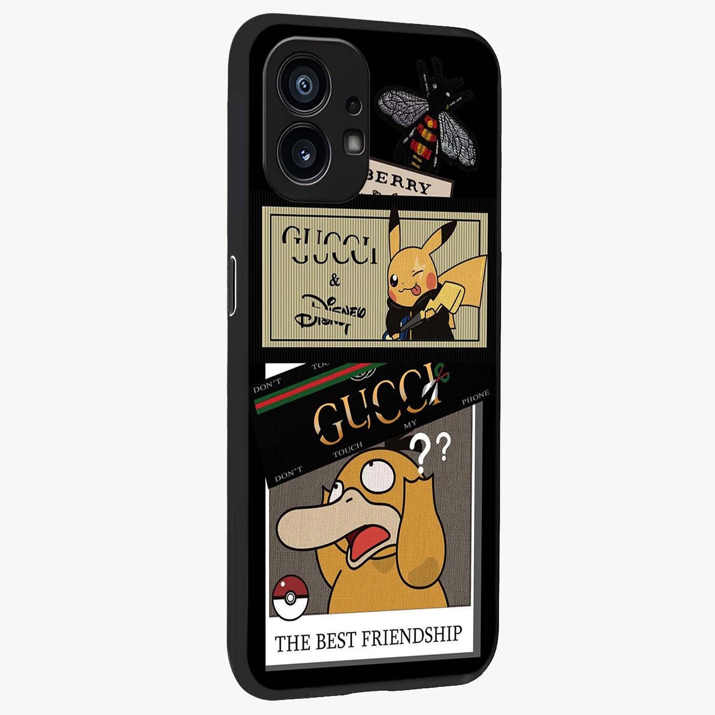 Gucci Play Mashup Glass Case upright view showcasing trendy luxury inspired artwork with modern fashion theme.