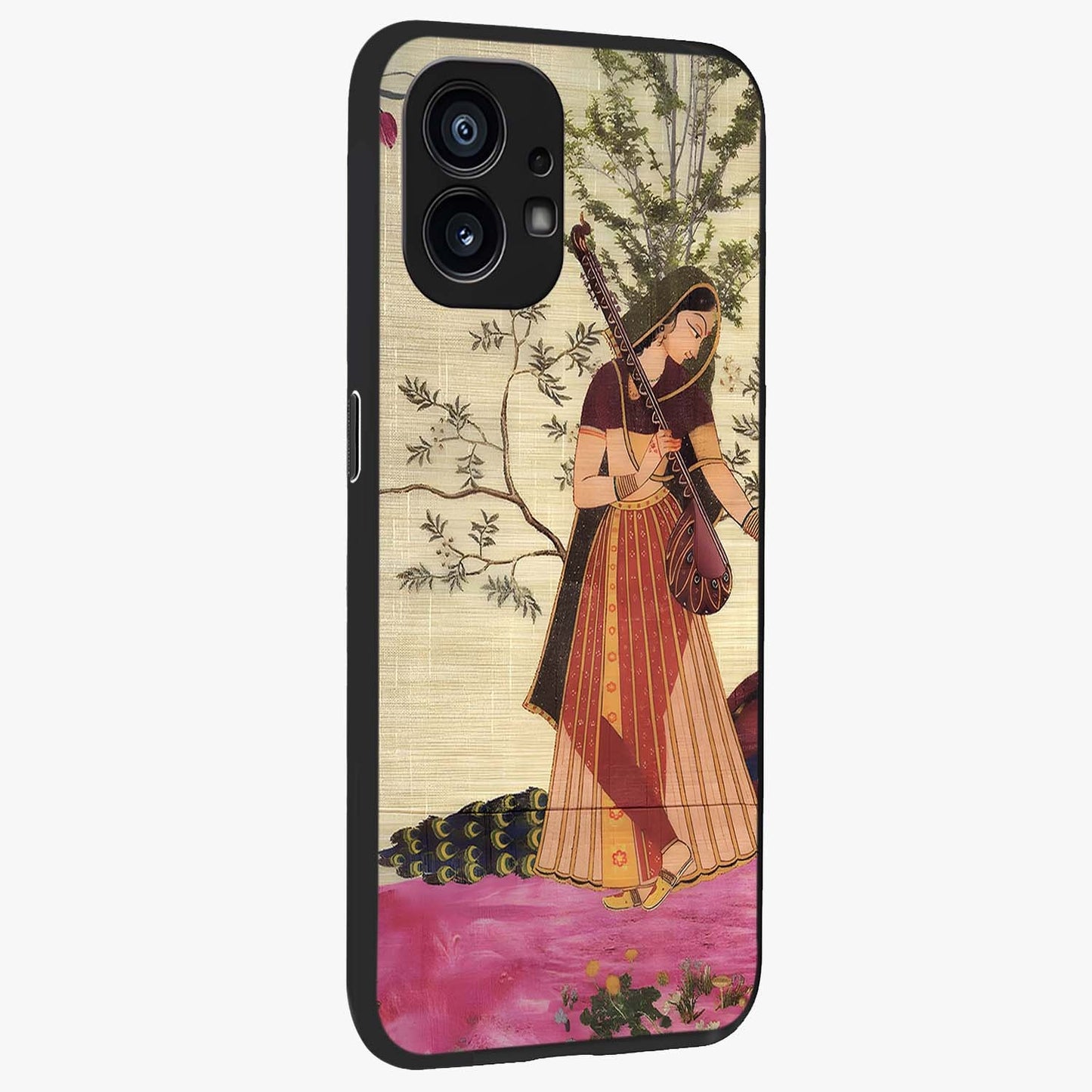 Lady With Veena Art Glass Case upright view showcasing classical veena artwork with traditional artistic theme.